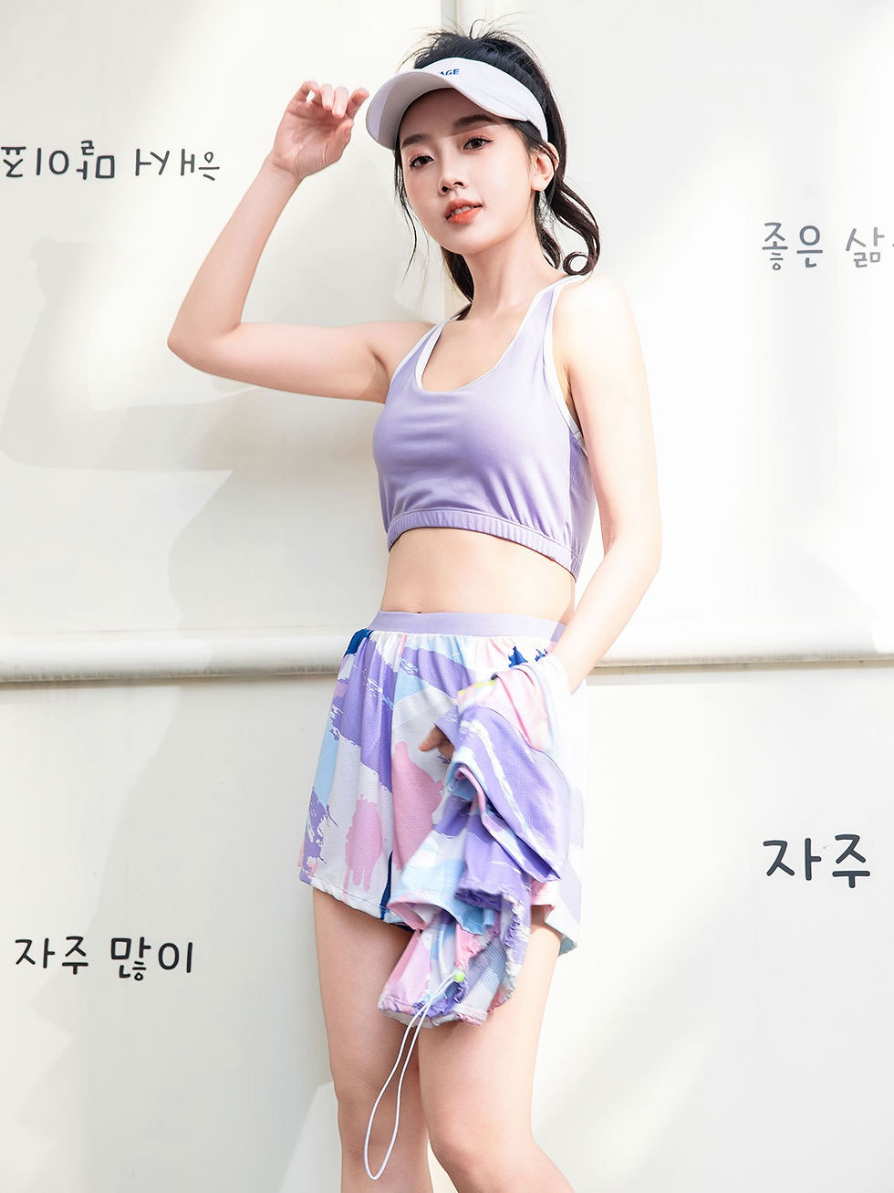Thumbnail: Vibrant Color Sports Swimwear Set (3-Pieces) Purple Pink