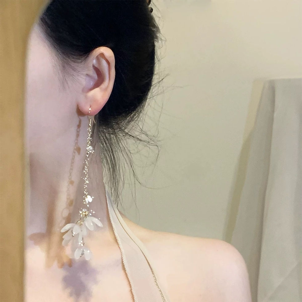 Thumbnail: Introducing the Ethereal Bloom Asymmetric Drop Earrings in White.