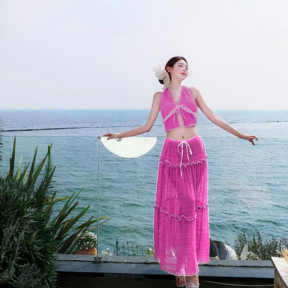 Thumbnail: Bright Pink Beach Maxi Skirt Swimwear Three-Piece Set