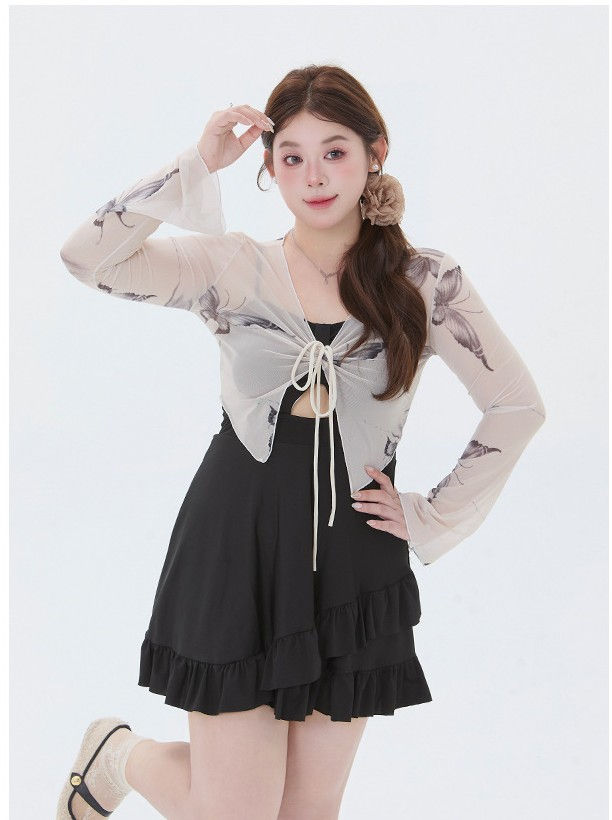 Thumbnail: 【55-75KG】Black One-Piece Swimsuit & New Chinese Style Print Chiffon Cover-Up Set