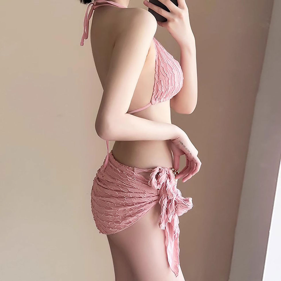 Thumbnail: Dive into Style: Water Ripple Bikini & Skirt Set -Pink