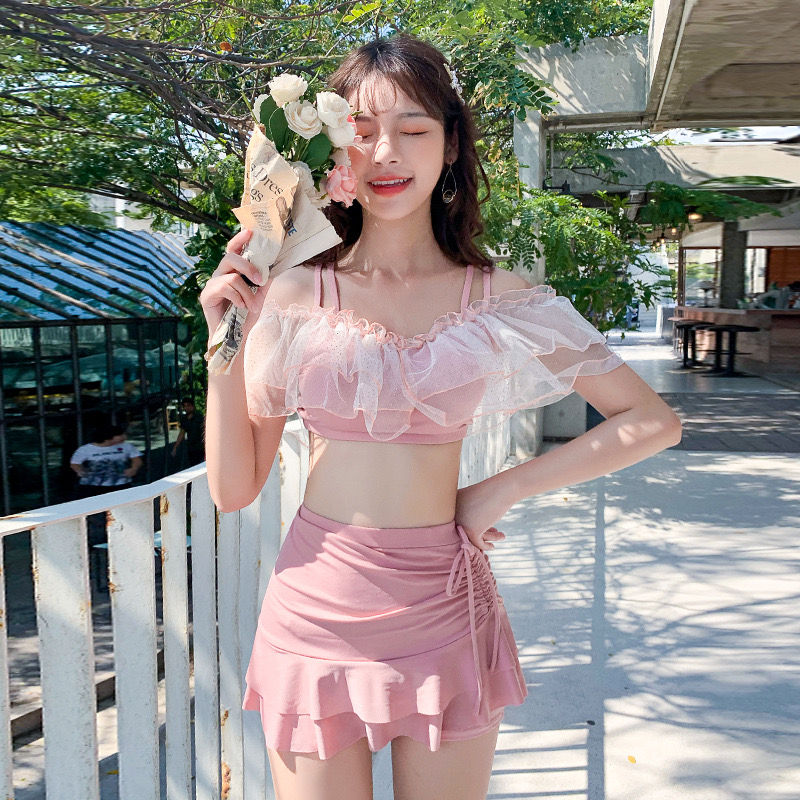 Thumbnail: Blue Cute Ruffled Crop Top and Swim Skirt Set | Women's Swimwear NZ