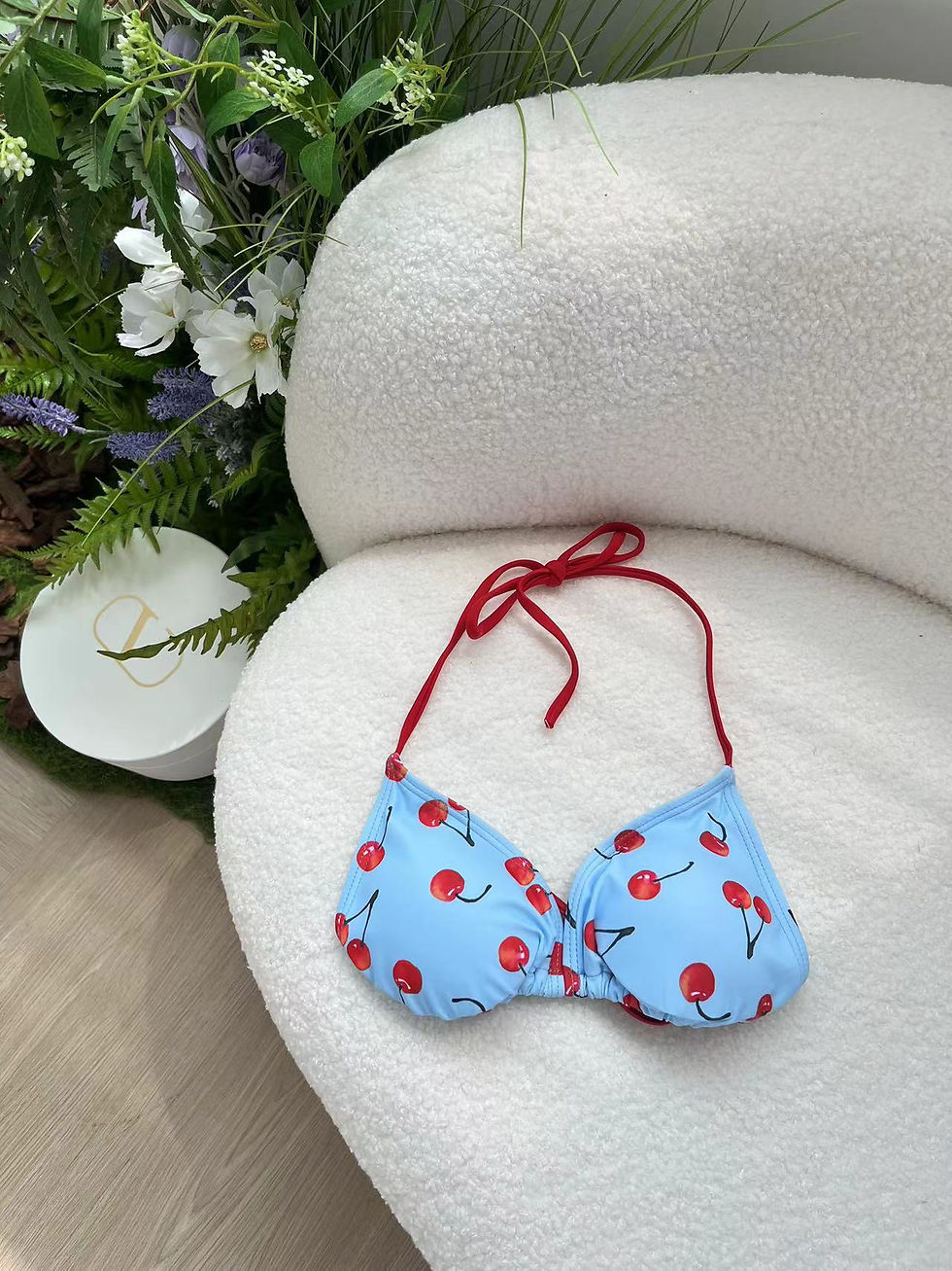 Thumbnail: Cherry Bliss: Adjustable Bikini Set with Mesh Top & Wrap Skirt