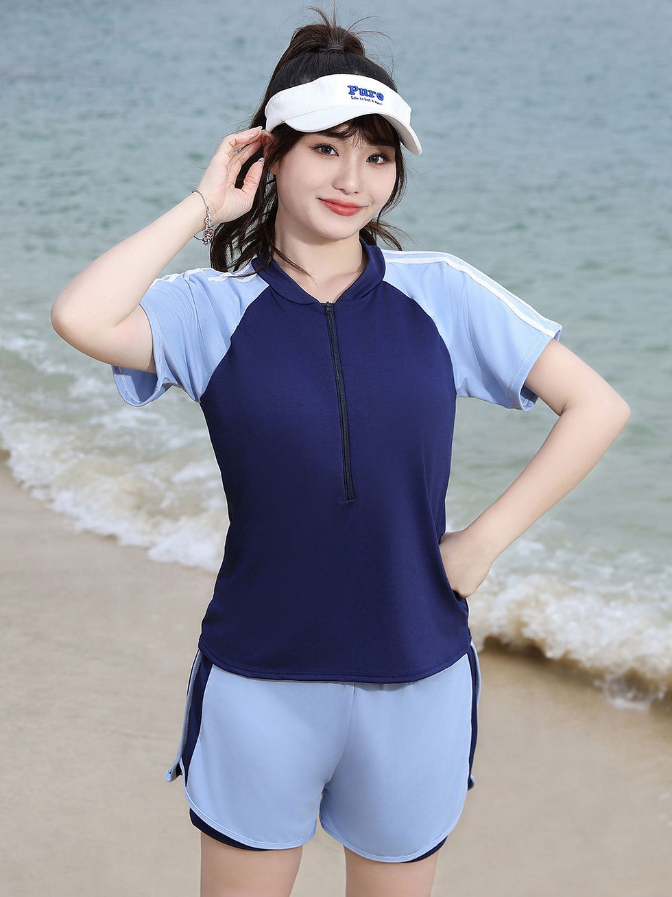 縮圖：2XL -3XL Simple Style Sporty Swimwear (2-Piece Set) Light Blue