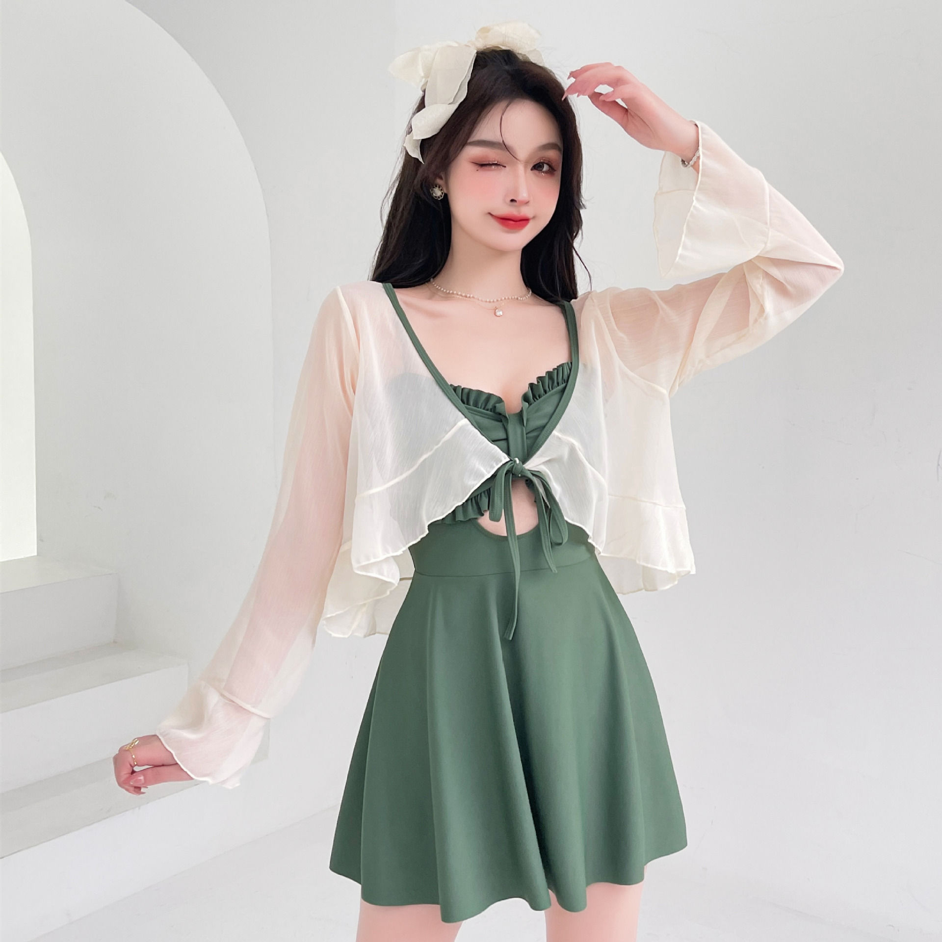 Dark Green Classic Elegance Swimwear With Cover-Up