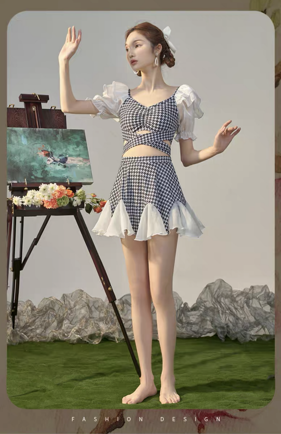 Thumbnail: Houndstooth Two-Piece Swim Dress with Flared Skirt  Black