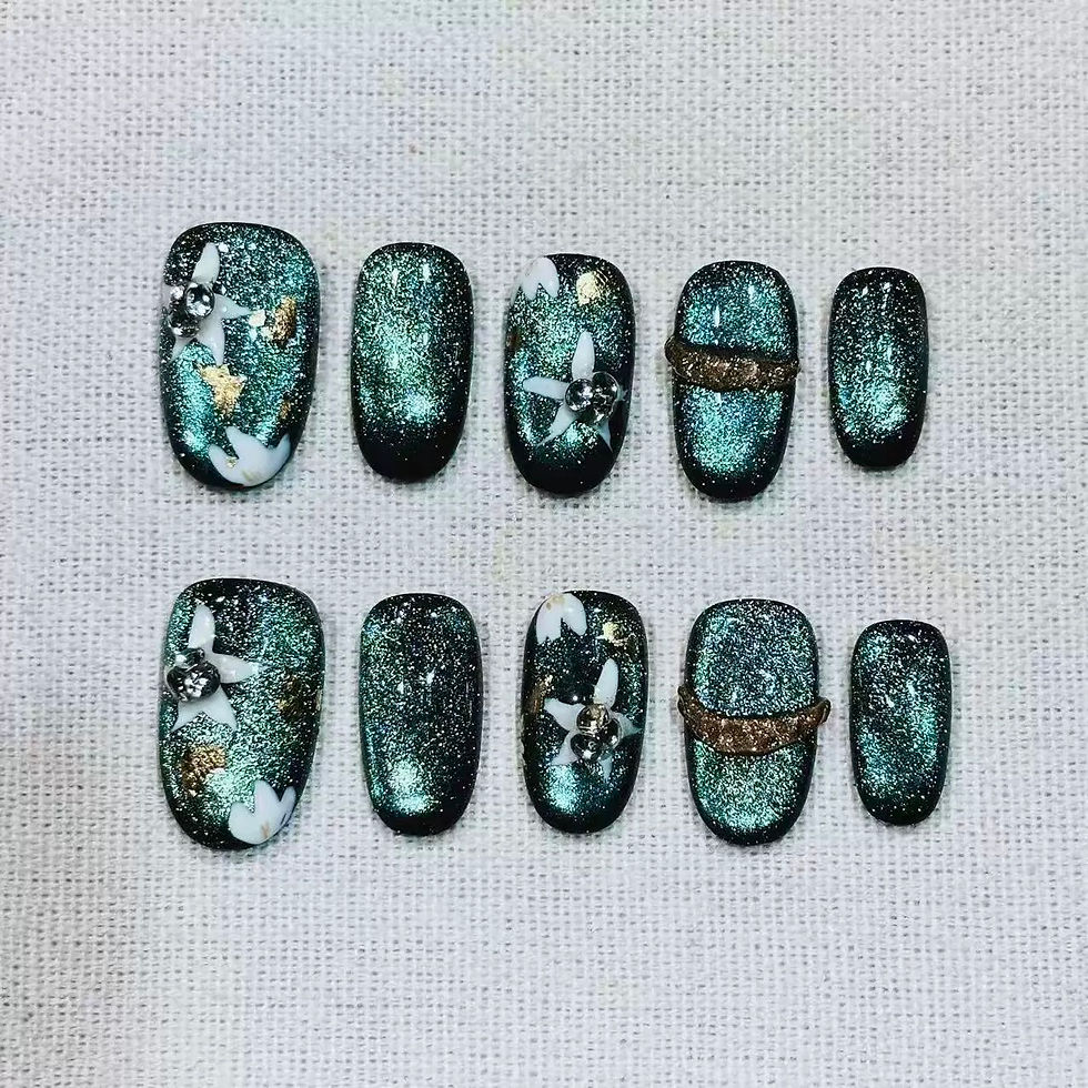 Thumbnail: Dark Green Short Oval Nail Art with Sparkling Hand-Drawn Flowers