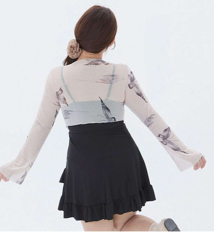 Thumbnail: 【55-75KG】Black One-Piece Swimsuit & New Chinese Style Print Chiffon Cover-Up Set