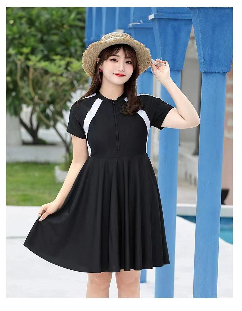 Thumbnail: [60-85KG] Black One-Piece Swimdress with Short Sleeves