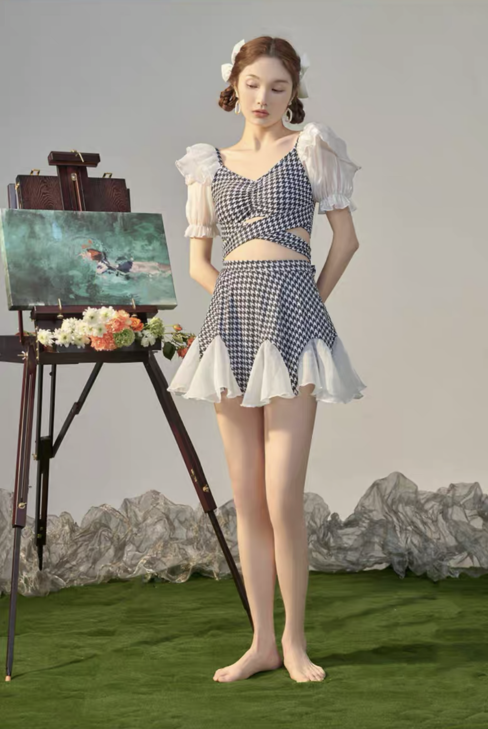 Thumbnail: Houndstooth Two-Piece Swim Dress with Flared Skirt  Black