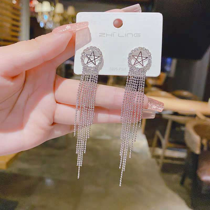 Thumbnail: Elegant Five-Point Star Tassel Earrings | Women's Earrings