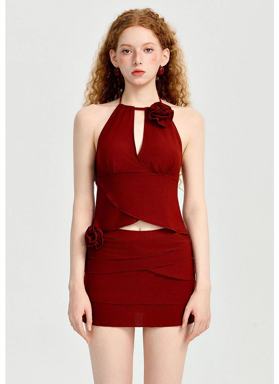 Thumbnail: Burgundy 3D Rose Two-Piece Swimsuit Set