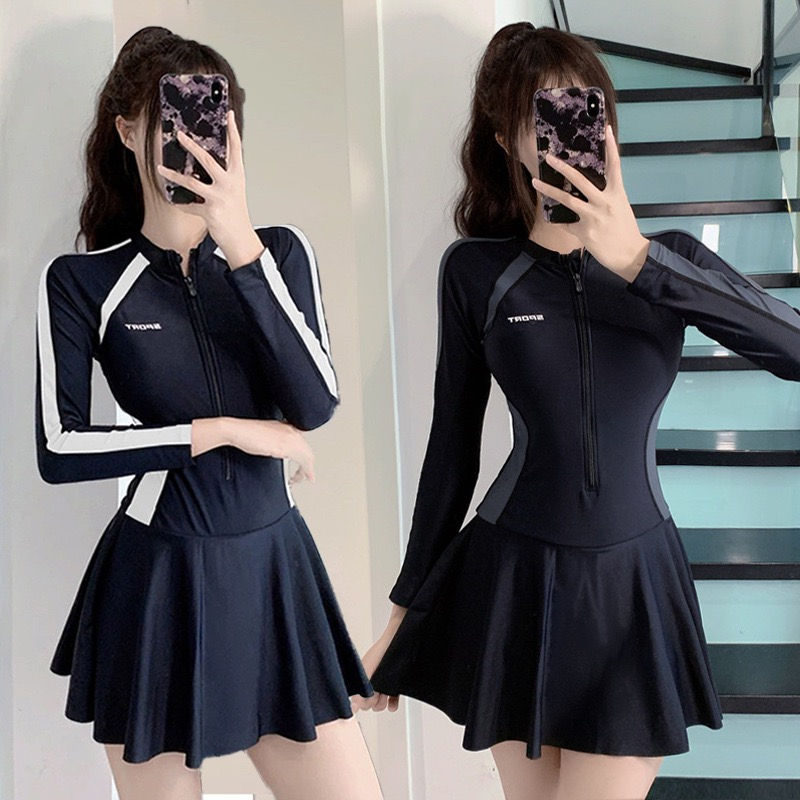 Thumbnail: Black Long-Sleeve One-Piece Swimsuit with Sporty Design – Front Zipper, White St