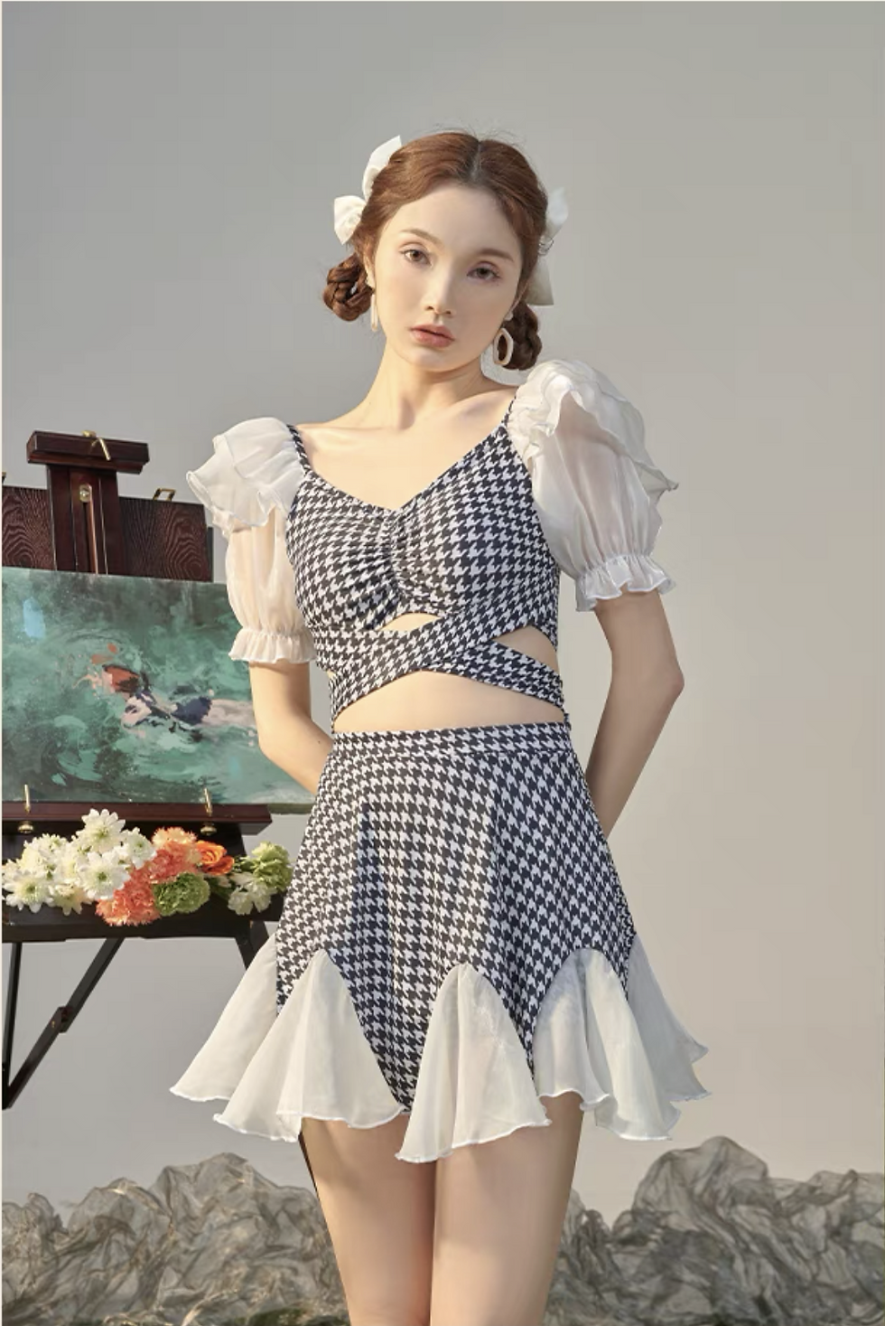 Thumbnail: Houndstooth Two-Piece Swim Dress with Flared Skirt  Black