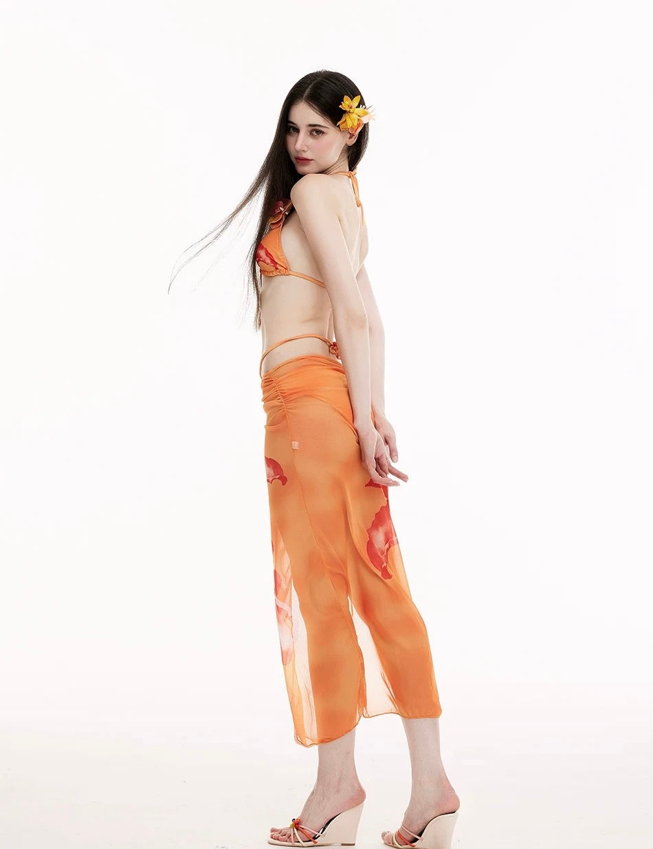 Thumbnail: Sunshine in Bloom: Orange Printed Bikini & Beach Cover-Up Set