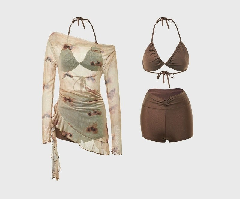 縮圖：Coffee Brown Three-Piece Swimsuit Set