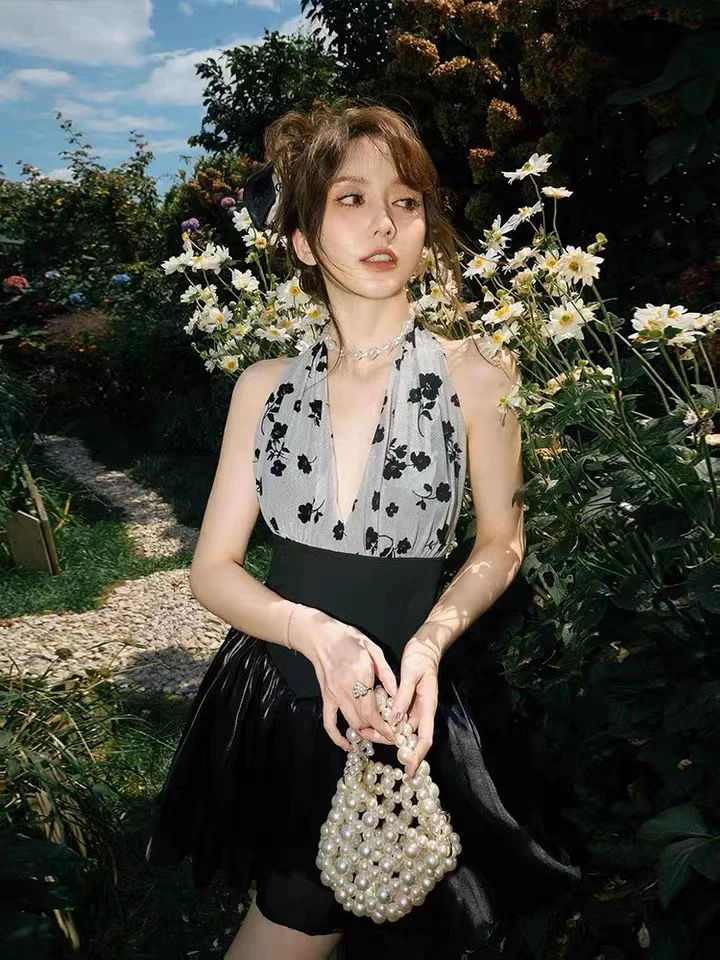Thumbnail: Retro Black and White Floral Halter Neck Pearlescent One-Piece Swimsuit Dress