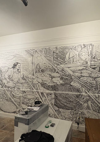 Detailed black-and-white custom wall mural painted inside Dragon Eats restaurant by SugarMurals.