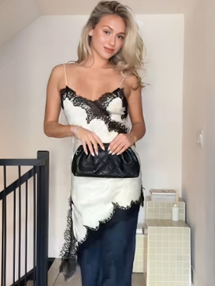 Thumbnail: HXAO 2025 Women's Lace Asymmetric Dress Sexy Midi Slip Dress Chic Sleeveless Bac