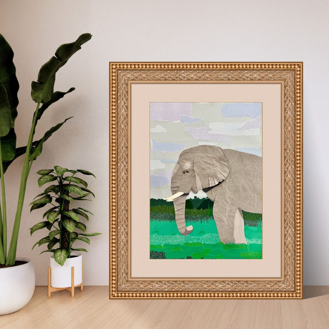 Paper collage artwork of an elephant standing in green grasslands under a cloudy sky, created with layered textures