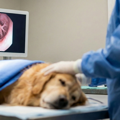 ביצוע אנדוסקופיה אבחנתית לכלב תחת מעקב צמוד, המאפשרת איתור בעיות כרוניות בדרכי העיכול או הנשימה במינימום פולשנות