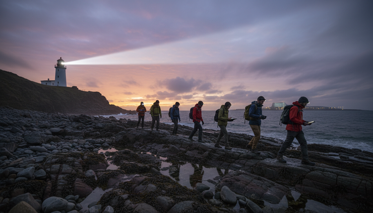 Wide-angle view of a lighthouse beam shining over people crossing a rocky shoreline at dusk.