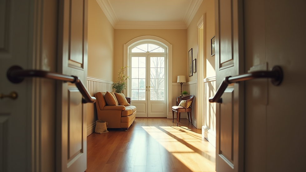 Eye-level view of a well-lit living room with grab bars near the entrance