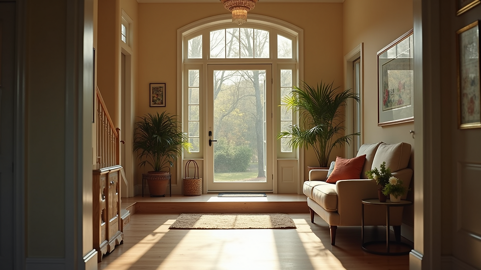 Wide angle view of a cozy home entrance with a ramp and welcoming decor