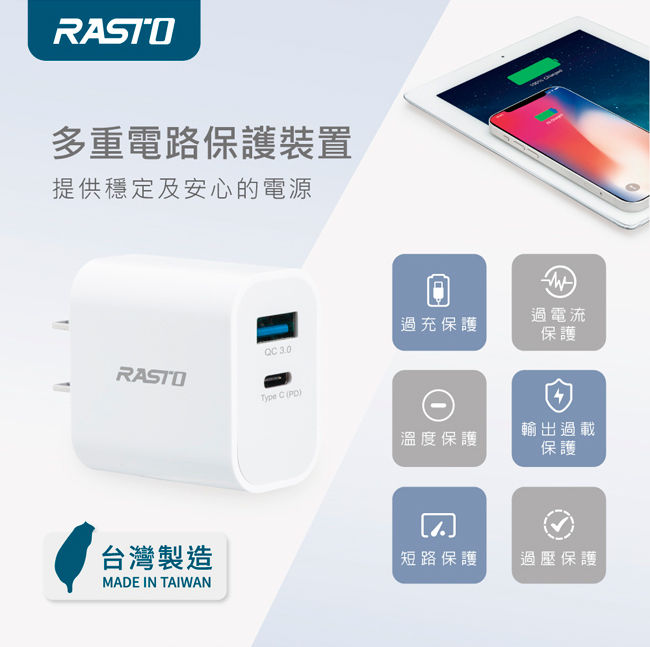 縮圖：RASTO RB30 20W 智能PD+QC3.0雙孔快充