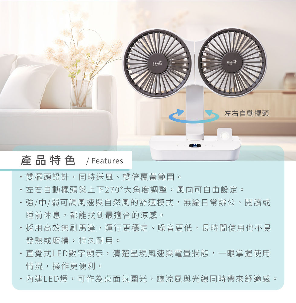 縮圖：E-books K54 雙炫風全角度智慧循環自動擺頭數顯桌面風扇