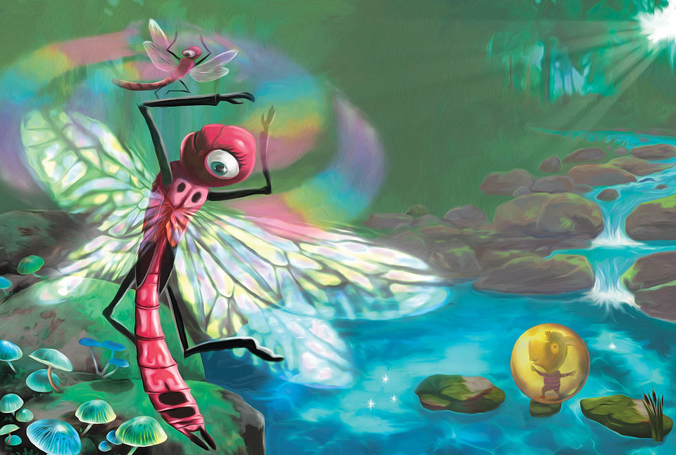 Whimsical dragonfly with large eyes and colorful wings dances by a stream in a forest. Willow a donkey in a yellow orb floats on water.