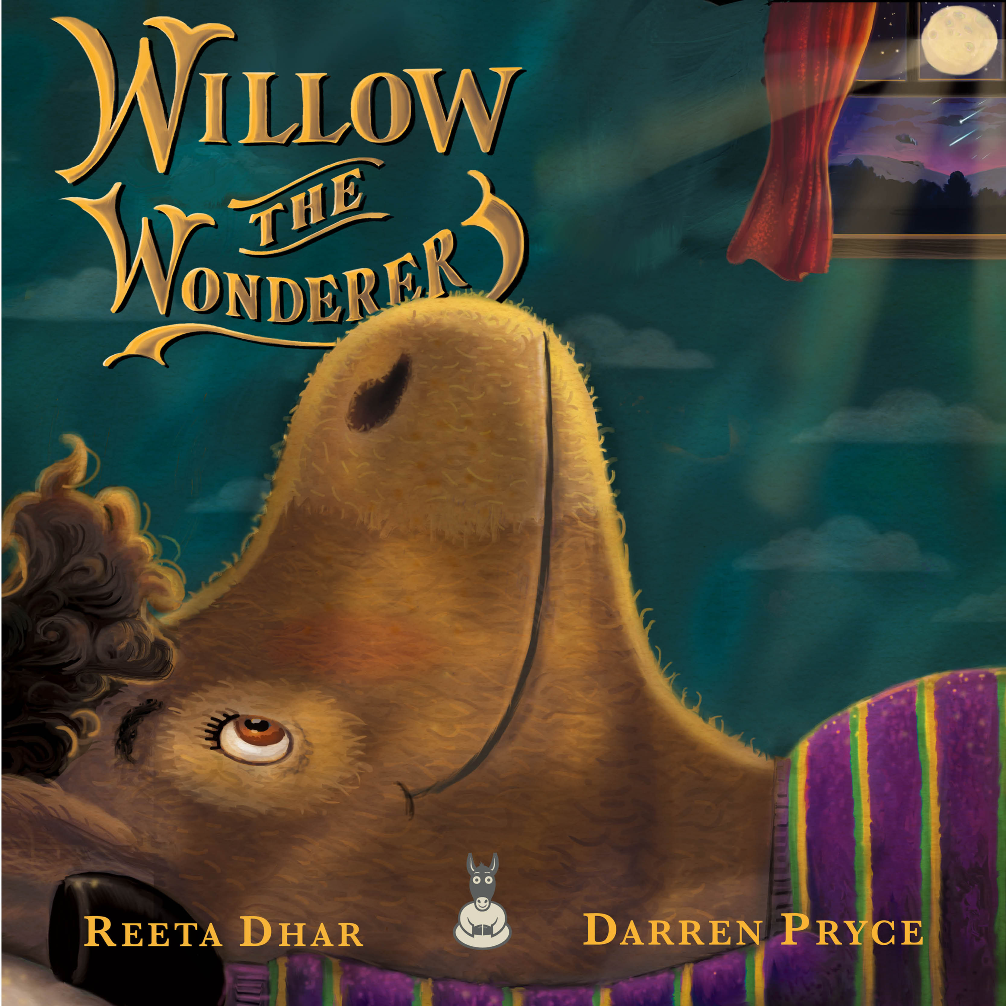 Willow the Wonderer picture book. A little donkey is lying on his bed with a big smile - he's just found happiness