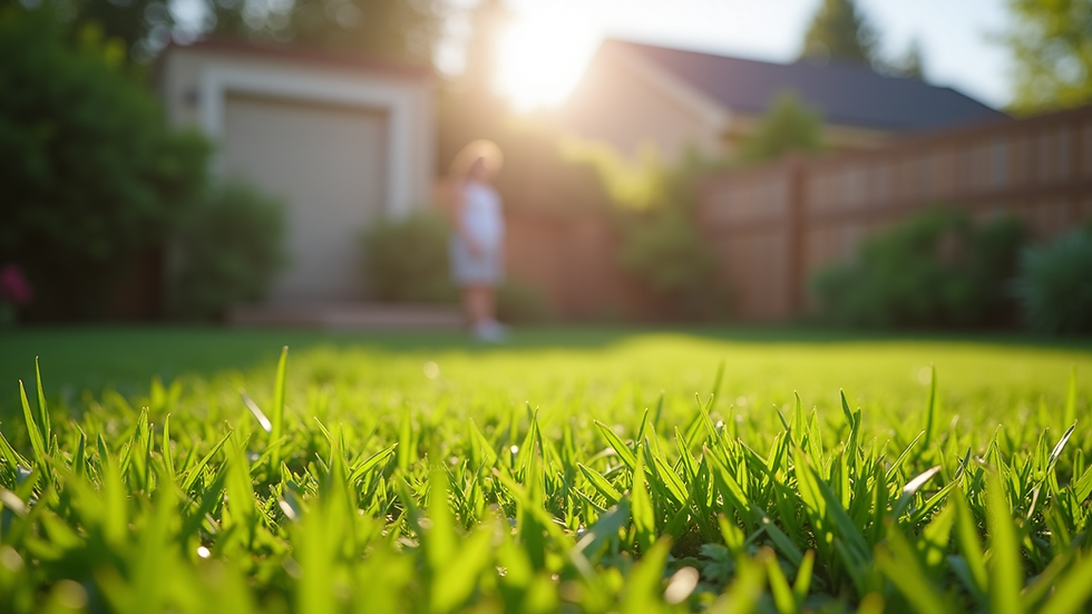 Eye-level view of a clean, green backyard with no visible pet waste