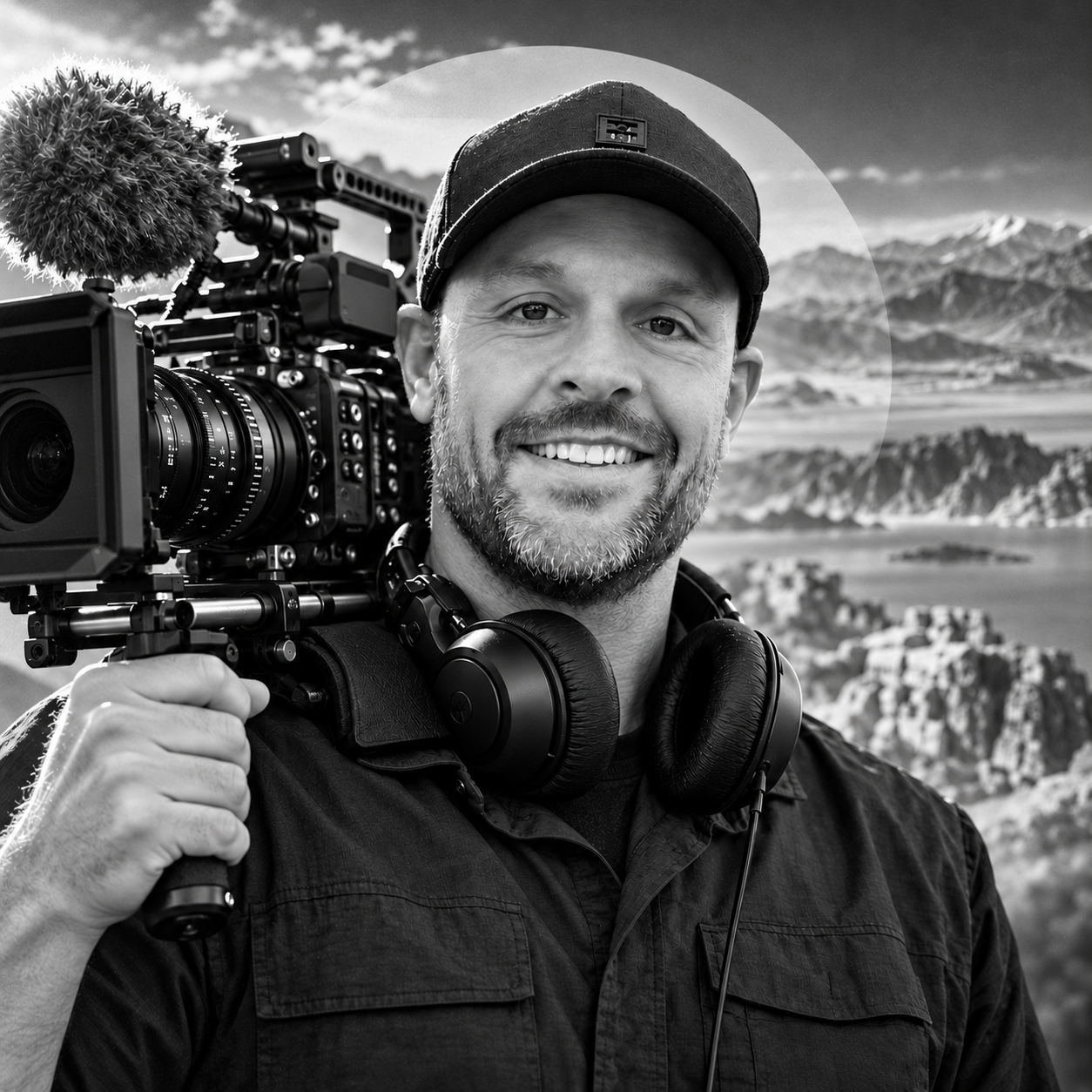 Black and white portrait of Ian Levasseur with a cinema camera against a mountain landscape