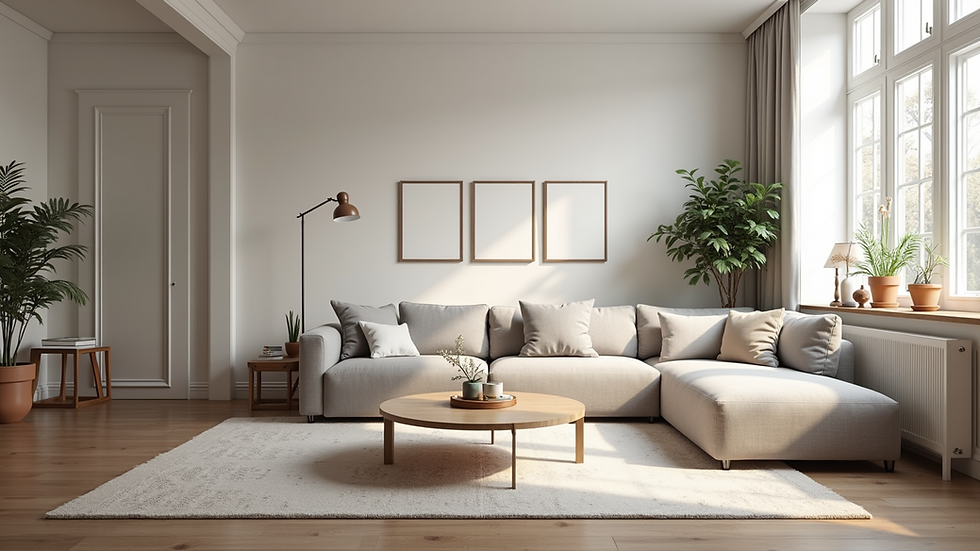 Eye-level view of a clean and modern Airbnb living room ready for guests