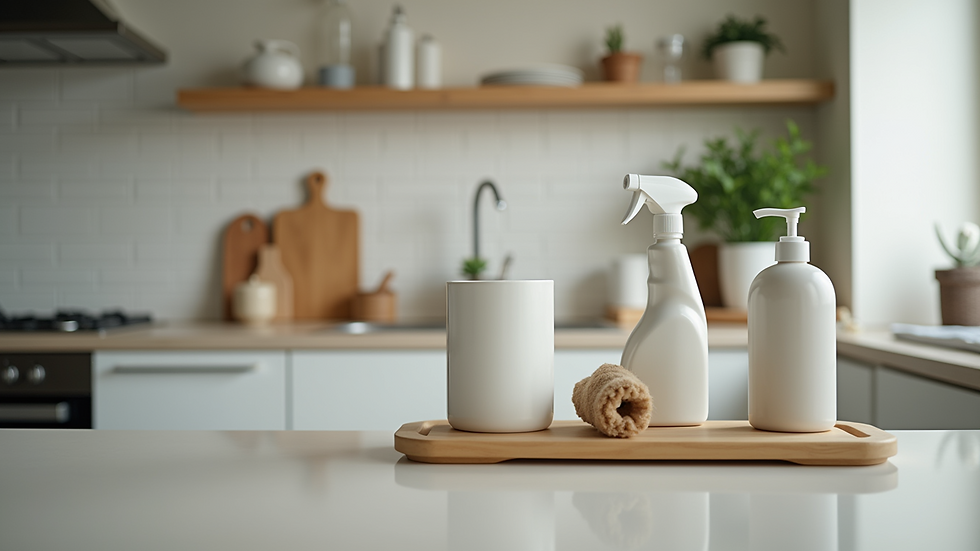 Eye-level view of a kitchen with pet-safe cleaning products on the counter