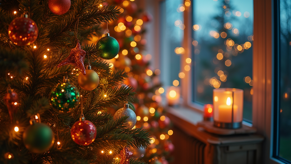 Close-up view of a Christmas tree with colorful ornaments