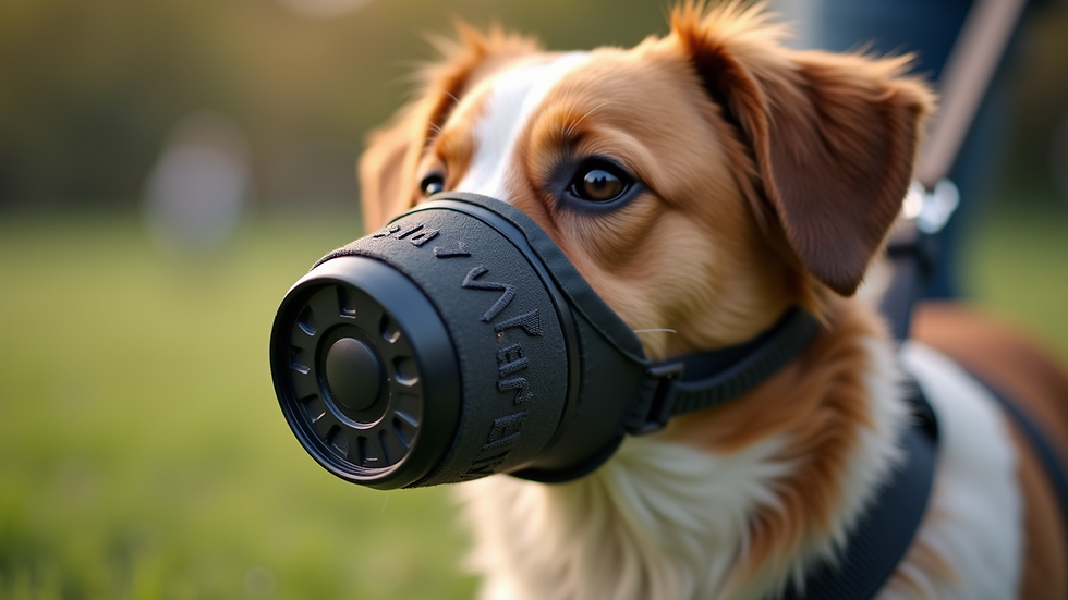 Close-up view of a dog wearing a muzzle while on a leash