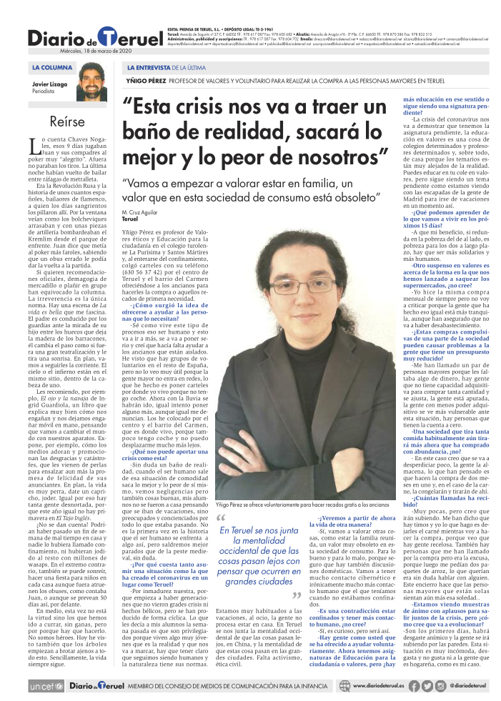 Uno de nuestros docentes, entrevistado por ser voluntario para ayudar a las personas mayores durante
