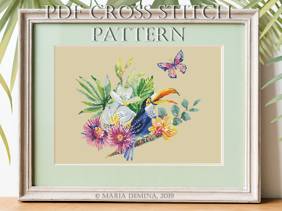 Toucan, Flowers And Butterfly PDF cross stitch pattern / instant download