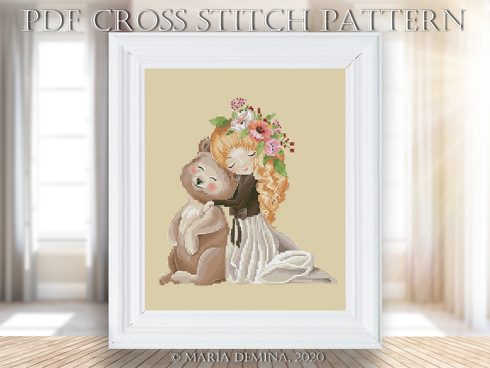 Thumbnail: The Girl And Baby Bear PDF cross stitch pattern