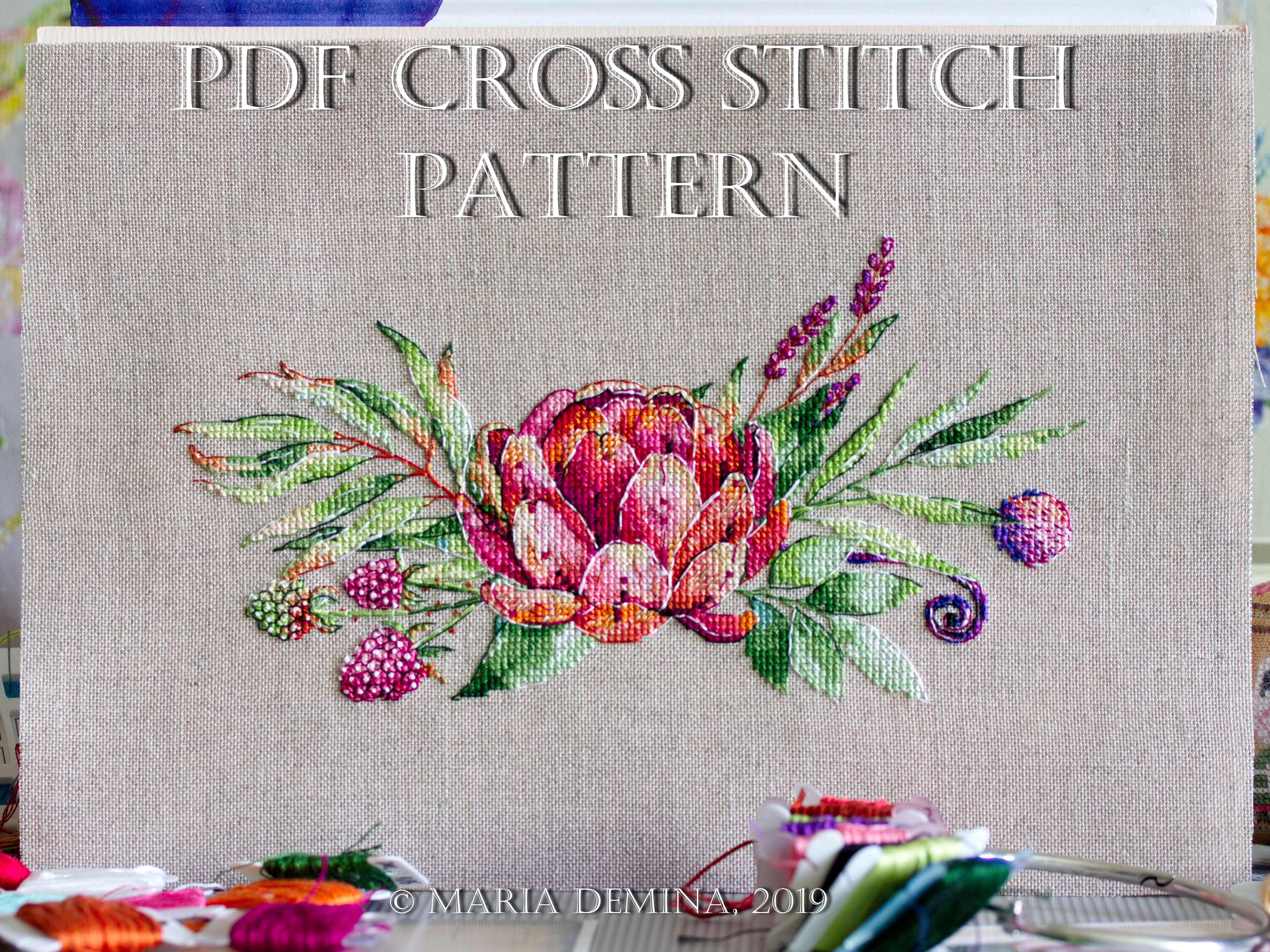 Raspberry & Artichoke Bouquet I - watercolor PDF cross stitch pattern