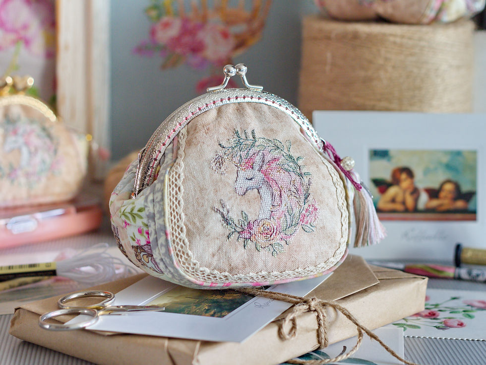 Handmade quilted pouch / purse with Vintage Unicorn micro cross stitching