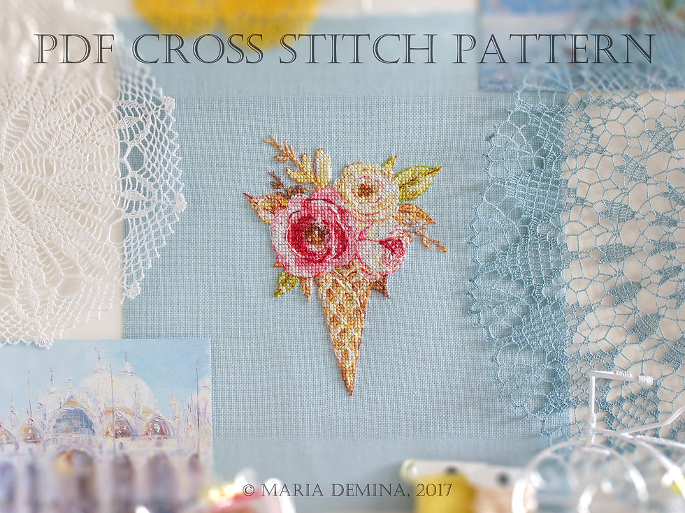 Watercolor Floral Ice Cream Cone PDF cross stitch pattern