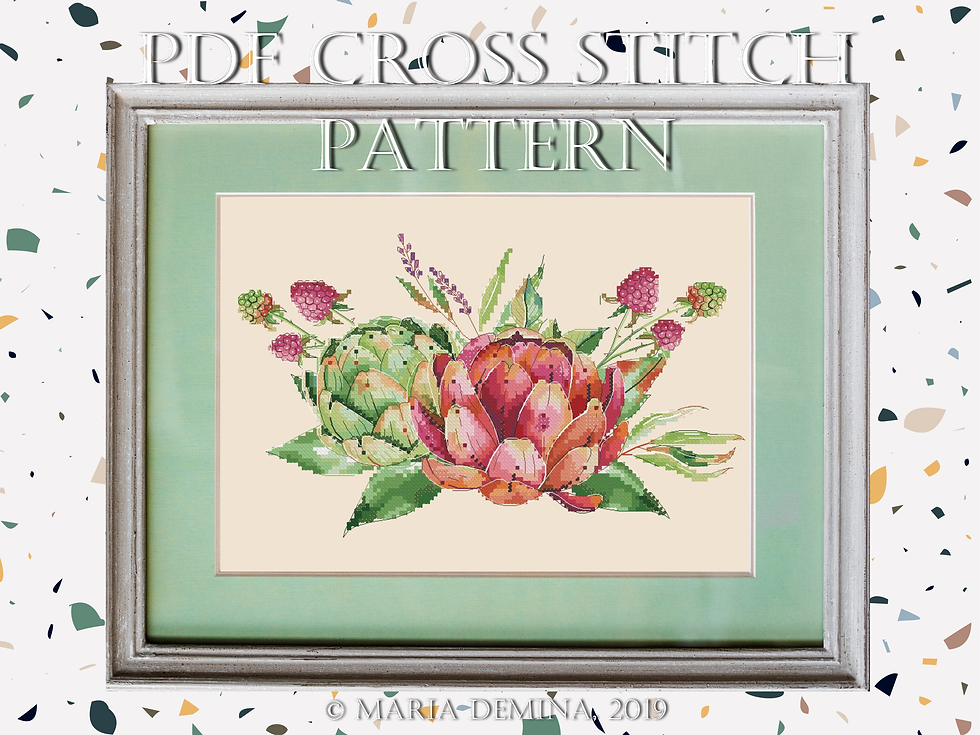 Raspberry & Artichoke Bouquet II - watercolor PDF cross stitch pattern