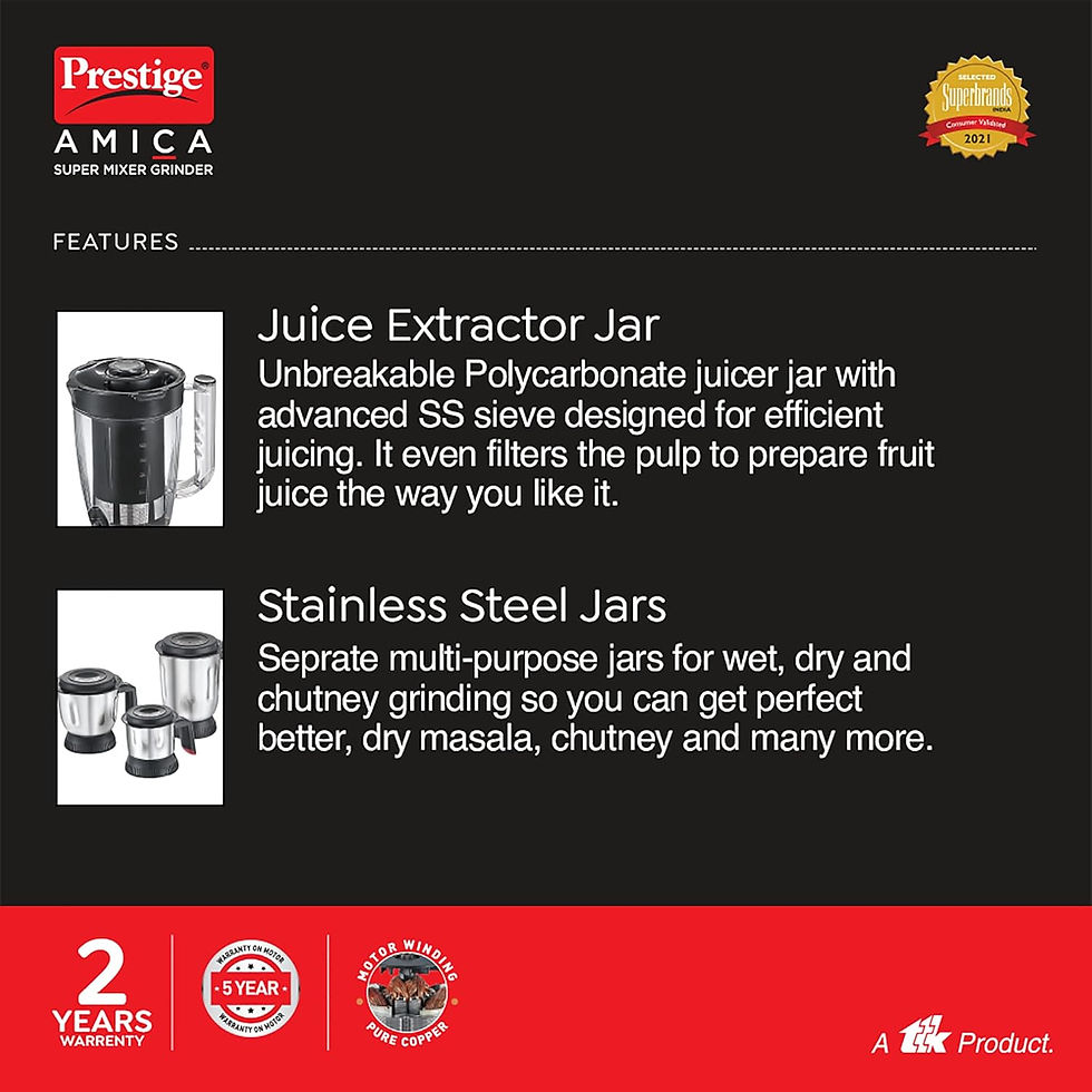 Thumbnail: Prestige 1000 W Amica Super Mixer Grinder|5 Jars(Food Processor)