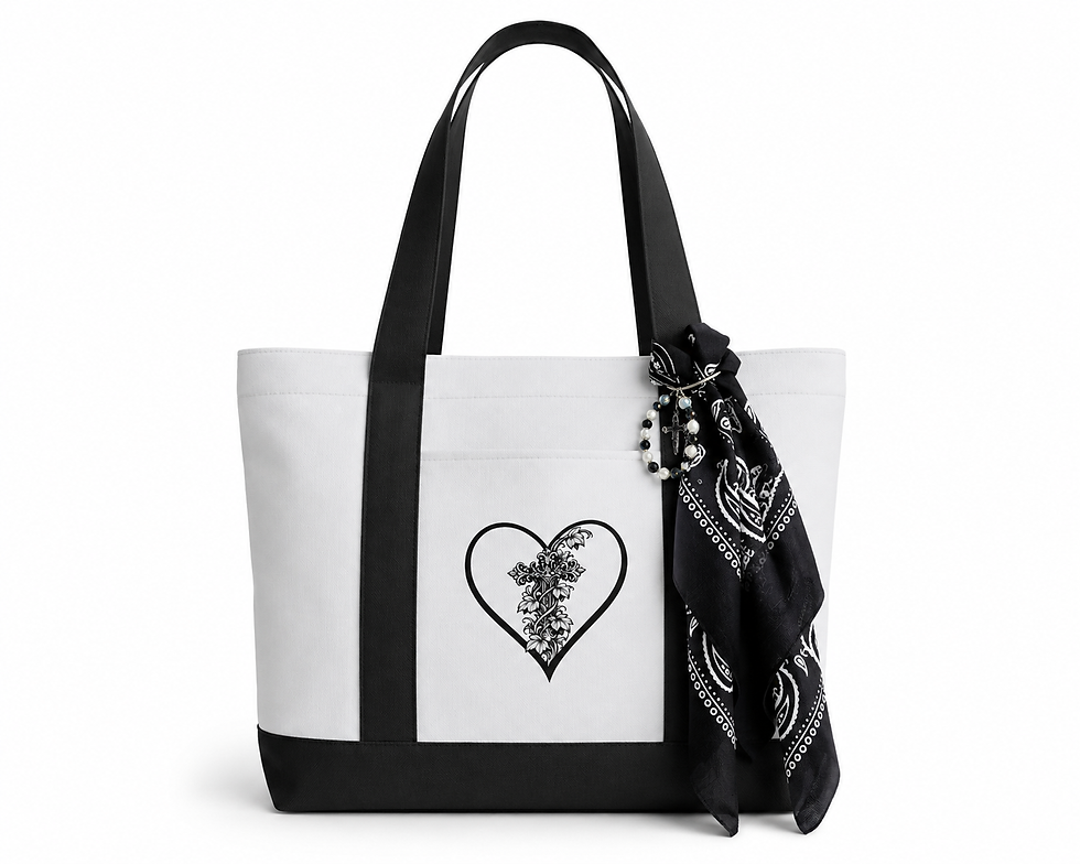 White and black strap Liberty Polyester Bag with a black heart and cross in the middle design a bandana and a bag charm