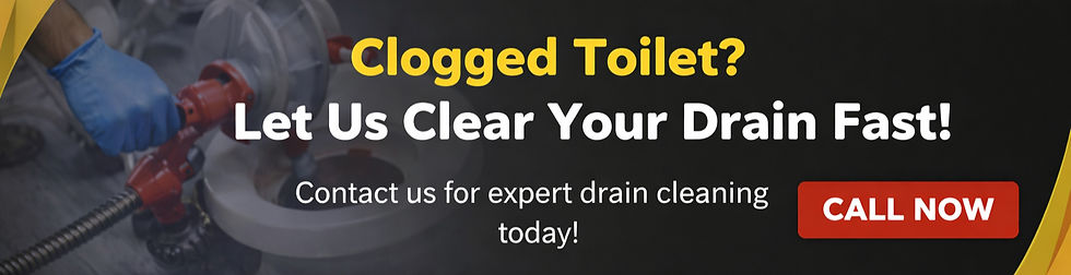 Clogged toilet drain cleaning service call to action banner with plumber using auger and call now button