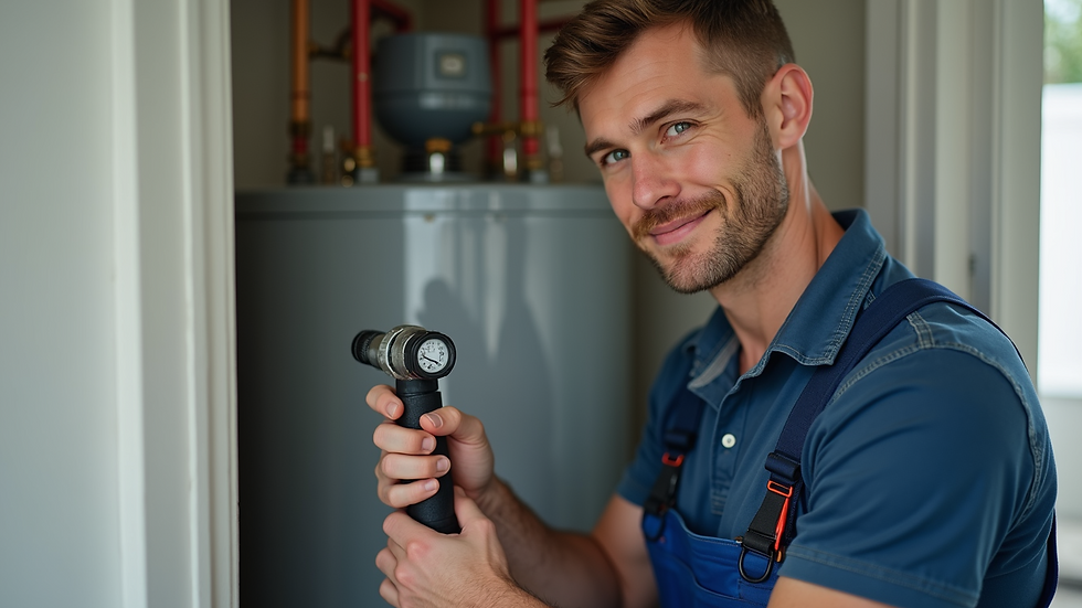 Close-up view of a plumber installing a water heater in a residential home