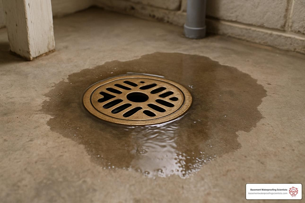 Sewage backing up from basement floor drain during plumbing emergency